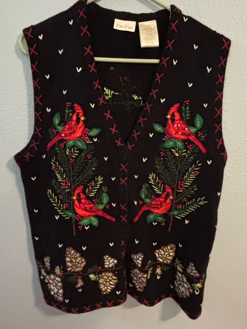 Bobbie Brooks Vintage Christmas Cardinal Sequin Embroidery Sweater Vest Medium